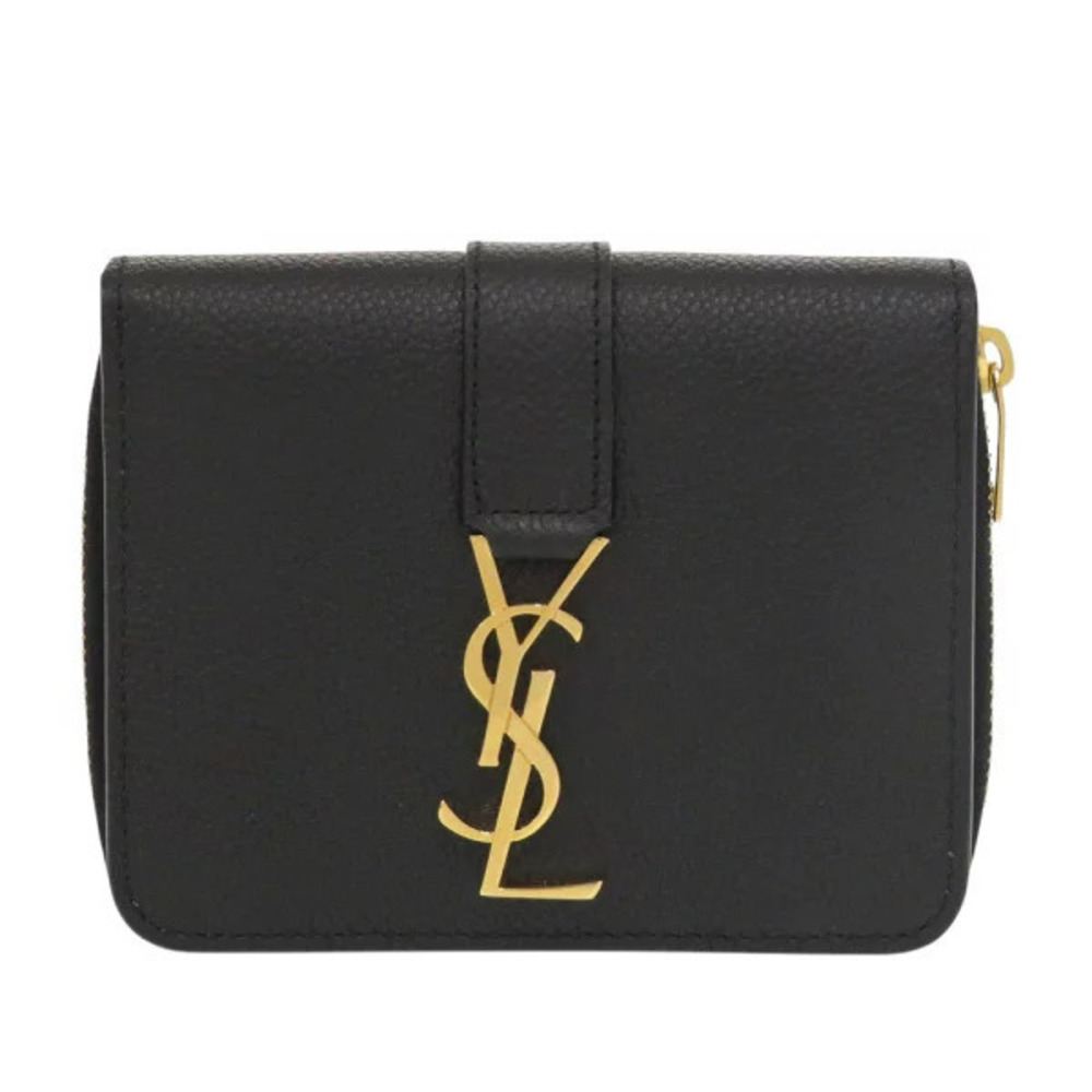 Saint Laurent Yves YSL Zip Wallet Leather Black Bi fold
